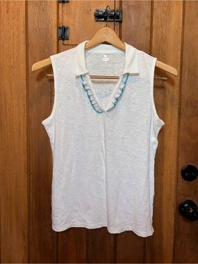 Talbots White Tank with Collar and Light Blue Ruffle Trim Neckline